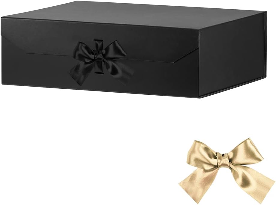 Extra Large Gift Box Black with Ribbon 19x16x6 Inches, Gift Box with Lid Magnetic Closure, Groomsman Proposal Box, Rectangle Collapsible Gift Boxes for Wedding Gown (Matte Black)