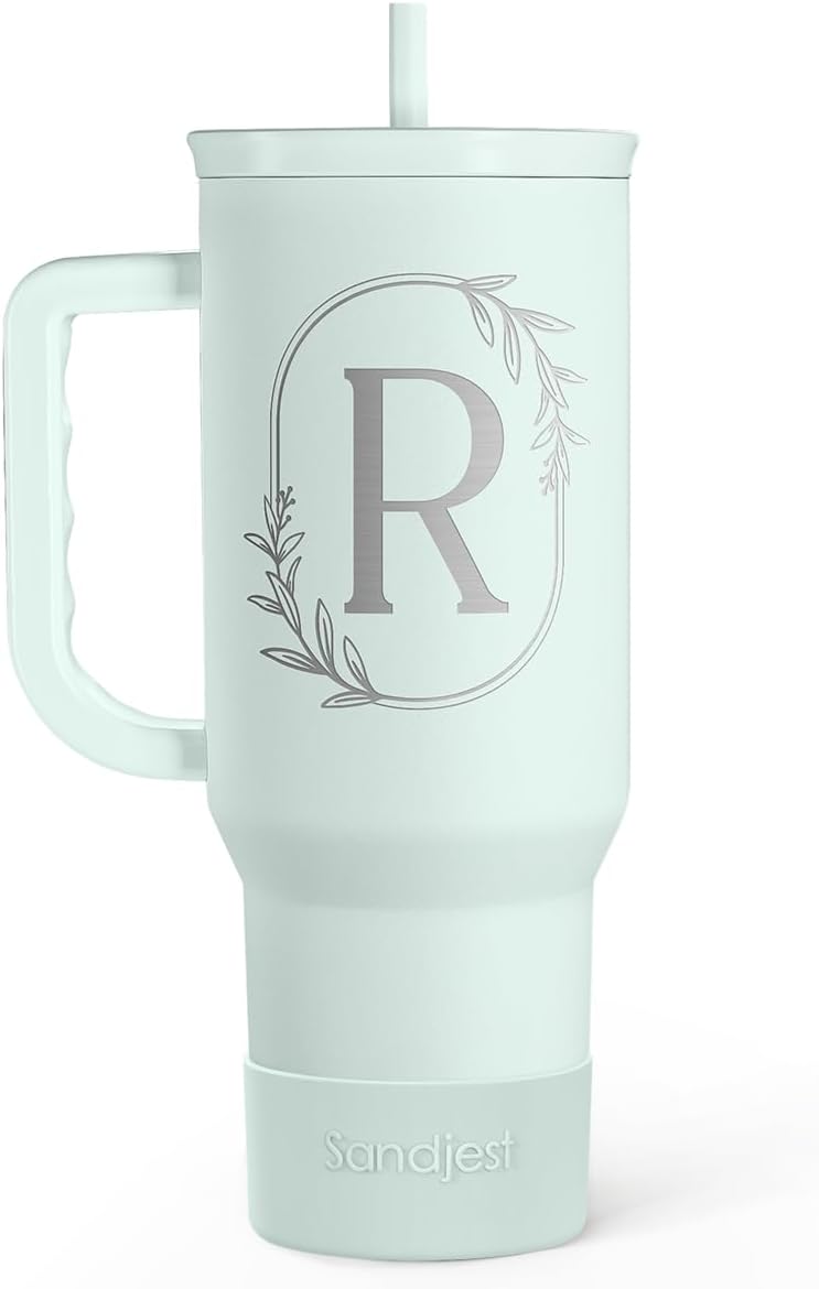 Personalized Monogrammed Tumbler with Handle 40oz, Letter R Tumblers Insulated Coffee Travel Cup, Custom Initial Gift for Women Girls Friends, Monogram Gift for Christmas Birthday Mothers Day