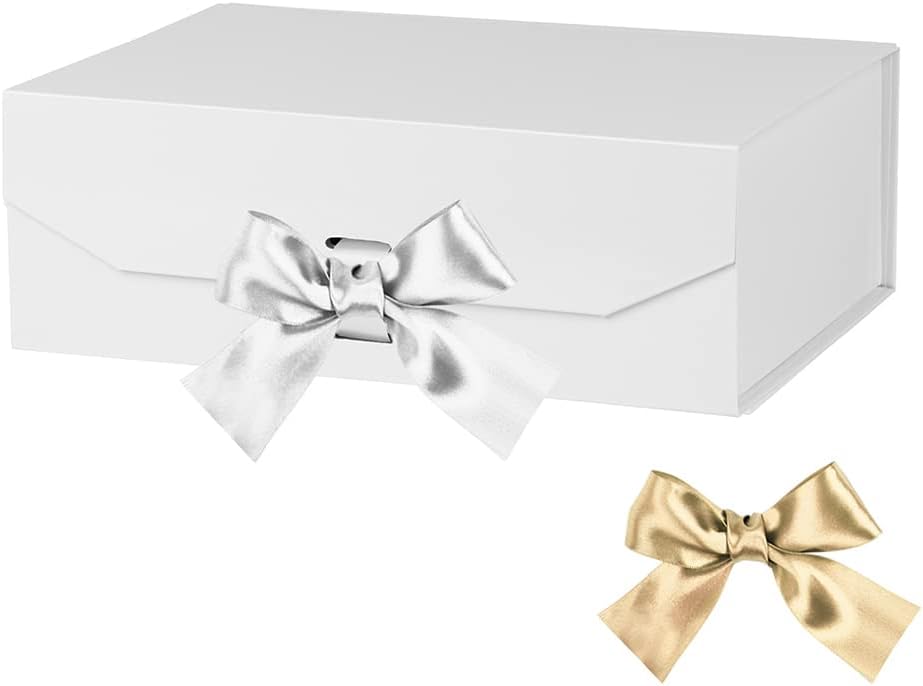 White Gift Box 10x7.3x3.5 Inches, Decorative Box with Ribbon, Empty Gift Box with Lid Magnetic Closure, Groomsman Box, Rectangle Collapsible Gift Boxes for Shirt (Matte White)