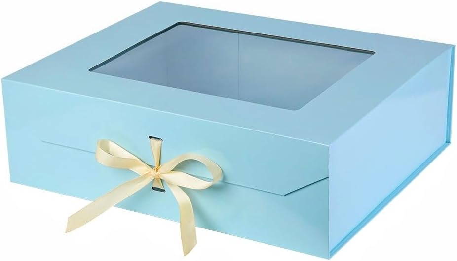 Extra Large Blue Gift Box for Presents with Ribbon 19x16x6 Inches Clear Gift Box with Window Magnetic Closure Gift Boxes with Lids