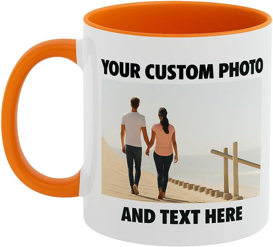 Personalized Coffee Mug | Custom Photo, Text, or Logo Cup (11oz, Orange Rim, Inner, and Handle) |Dishwasher & Microwave Safe |Unique Gift for Men & Women –Taza Personalizada