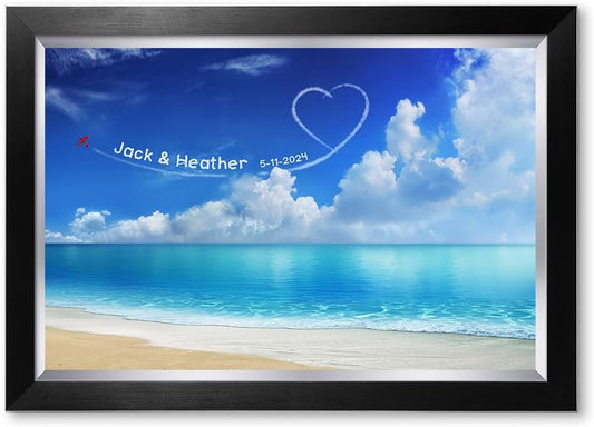 IPIC - Seaside Skywriting Personalized Wall Art with Names, Customized Gift for Coup, Wedding Anniversary. Framed Artwork for Home Decor Ready to Hang. Total size 27x19