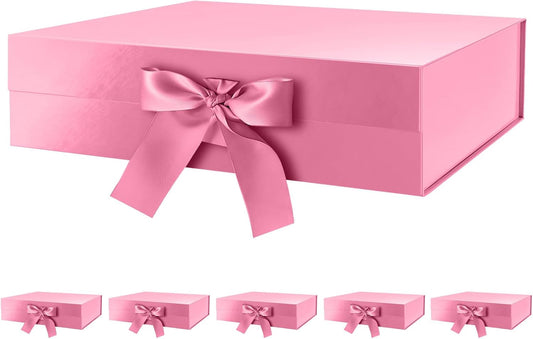 GREEN BEAN 6 Large Gift Boxes with Lids for Present 13x9.7x3.4 Inches, Pink Magnetic Gift Boxes with Ribbon, Bridesmaid Proposal Boxes, Luxury Gift Boxes (Glossy Pink)