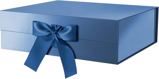 GREEN BEAN Extra Large Gift Box with Lid for Present 16.3x14.2x5 Inches, Blue Magnetic Gift Box with Ribbon, Bridesmaid Proposal Boxes Luxury (Glossy Blue)