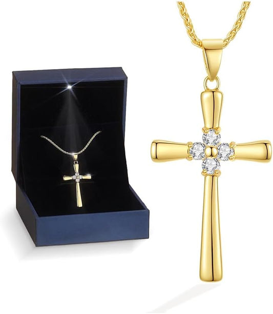 Gold Moissanite Cross Necklace for Women Wife in Light-Up Gift Box - Christian Chain Jewelry with Love Card, Her Shinning Anniversary Birthday Gifts for Wife Girlfriend, Womens Cross Jewelry (18K Gold Plated)