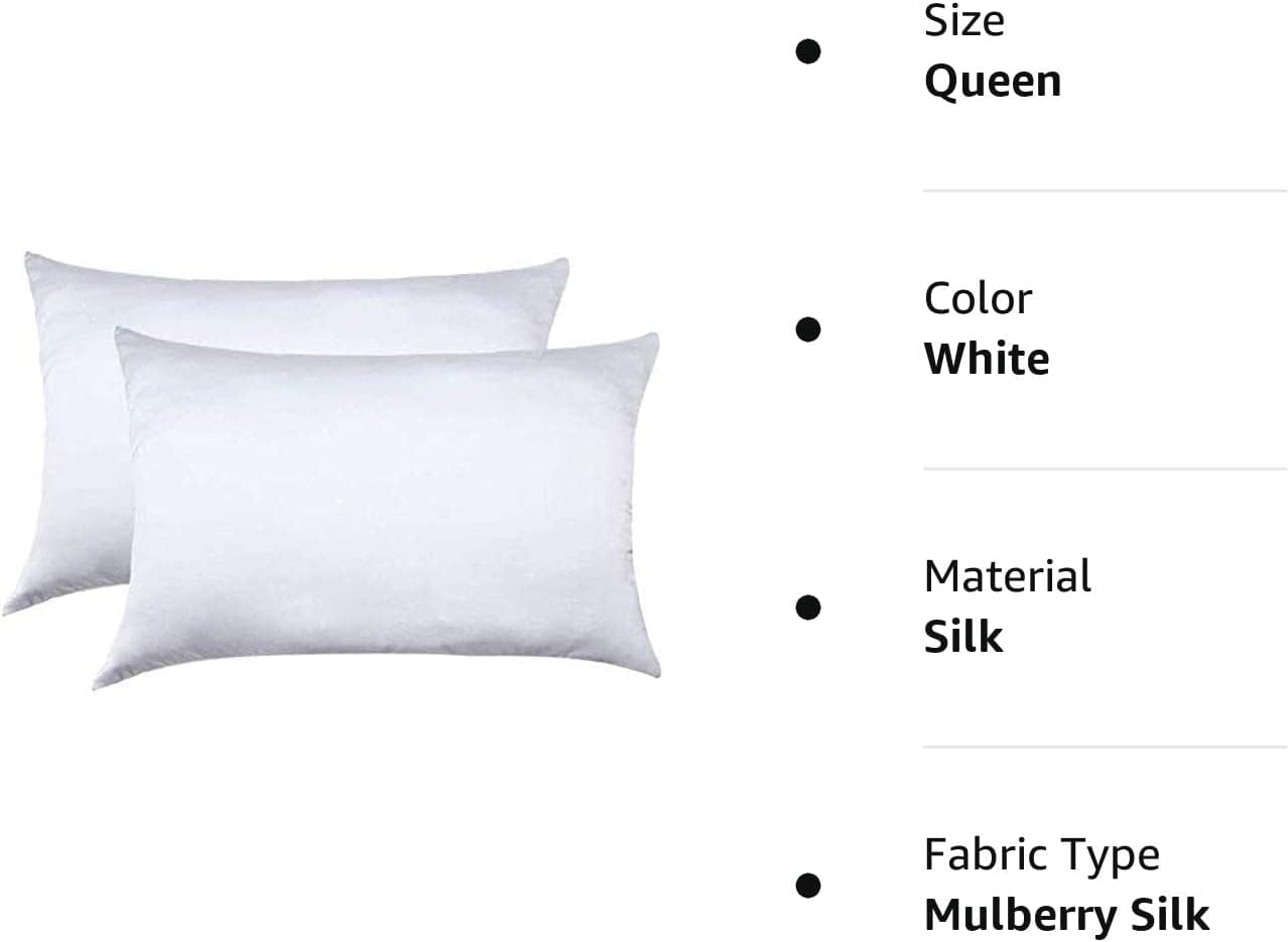 100% Mulberry Silk Pillowcases Set of 2 for Hair and Skin and Super Soft and Breathable Queen Size Nature Silk Pillowcases (Queen, White)