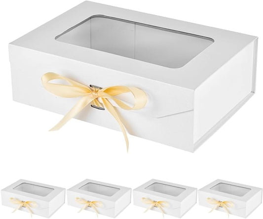 5 Pcs White Gift Box for Presents with Ribbon 10.8x7.5x3.5 Inches Clear Gift Box with Window Magnetic Closure Gift Boxes with Lids