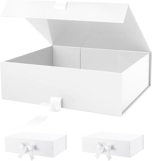 PACKHOME 17x14.5x5.5 Inches, 3 Extra Large Gift Boxes with Lids, Magnetic Closure Boxes with Ribbon for Clothes and Large Gifts (Glossy White)