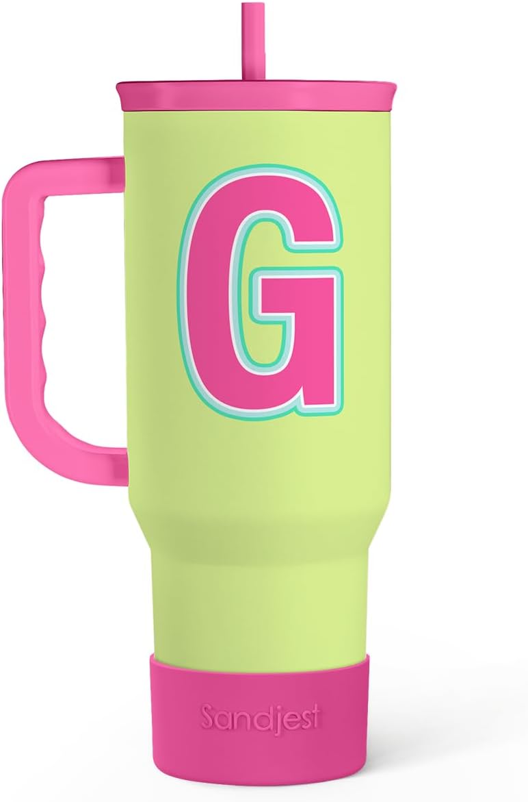 SANDJEST Monogrammed Tumbler with Handle 40oz, Letter G Tumblers Coffee Travel Cup with Straw, Personalized Monogram Initial Gifts for Women Girls, Customized Gifts for Christmas Birthday Mothers Day