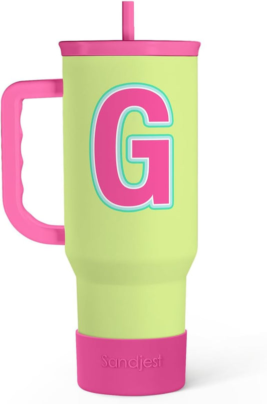 SANDJEST Monogrammed Tumbler with Handle 40oz, Letter G Tumblers Coffee Travel Cup with Straw, Personalized Monogram Initial Gifts for Women Girls, Customized Gifts for Christmas Birthday Mothers Day