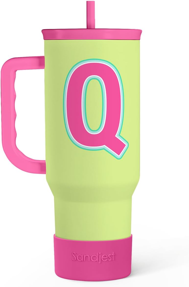 SANDJEST Monogrammed Tumbler with Handle 40oz, Letter Q Tumblers Coffee Travel Cup with Straw, Personalized Monogram Initial Gifts for Women Girls, Customized Gifts for Christmas Birthday Mothers Day