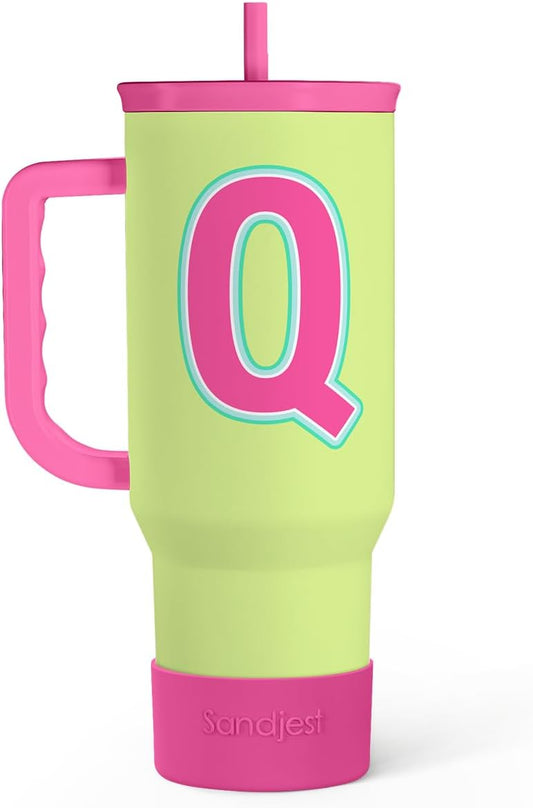 SANDJEST Monogrammed Tumbler with Handle 40oz, Letter Q Tumblers Coffee Travel Cup with Straw, Personalized Monogram Initial Gifts for Women Girls, Customized Gifts for Christmas Birthday Mothers Day