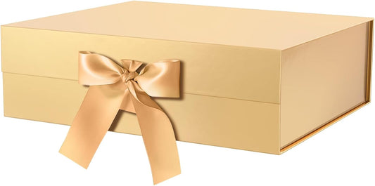 GREEN BEAN Extra Large Gift Box with Lid for Present 16.3x14.2x5 Inches, Gold Magnetic Gift Box with Ribbon, Bridesmaid Proposal Gifts Box (Glossy Gold)