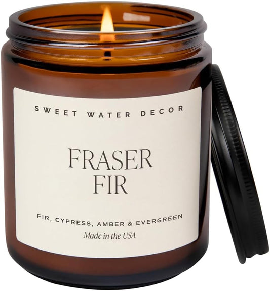 Sweet Water Decor Fraser Fir Christmas Candles - Christmas Stocking Stuffers Cypress, Evergreen & Pine Scented Candles - Scented Candles with 40 Hrs Burn Time - 9Oz Black Lid Amber Jar Wax Candles