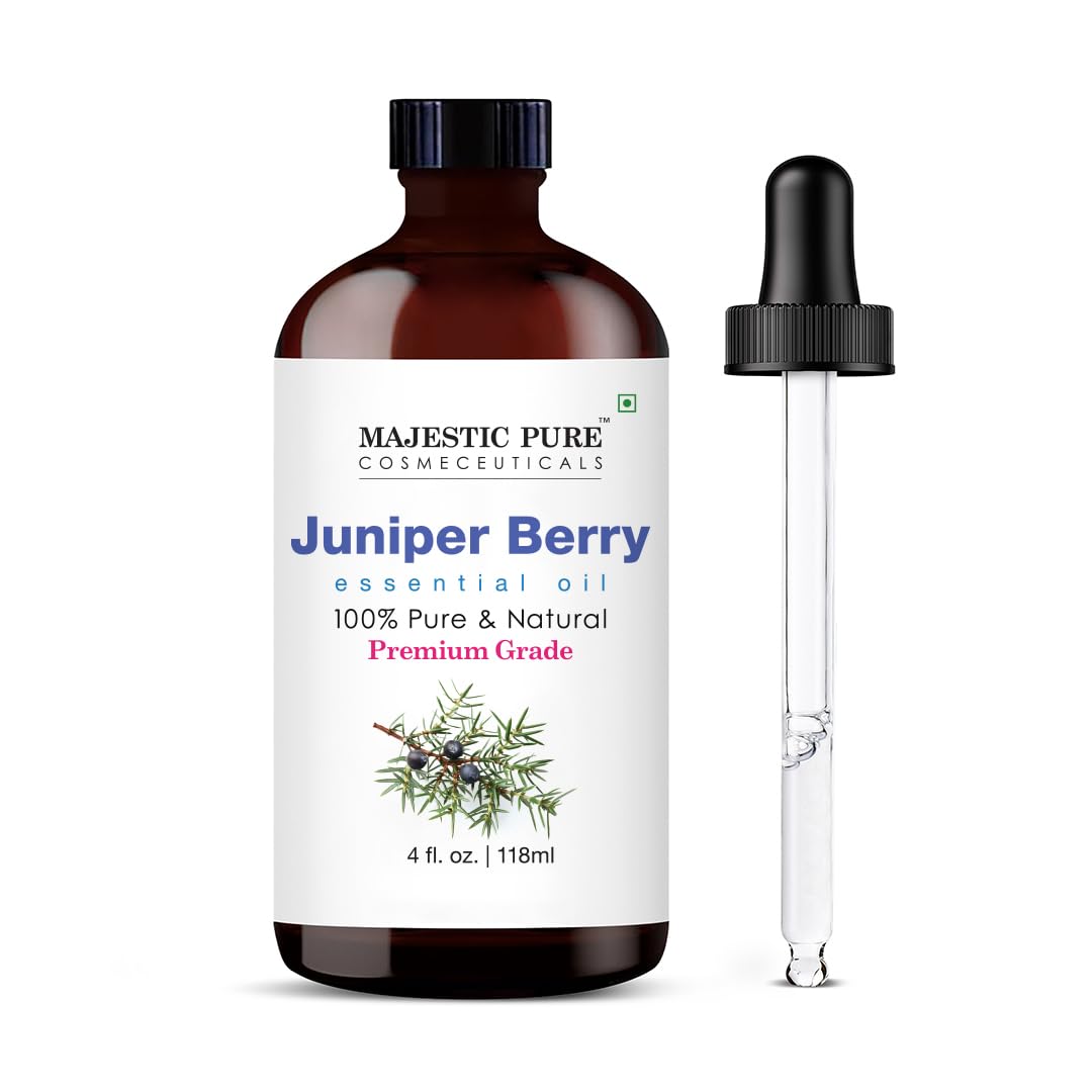 Majestic Pure Juniper Essential Oil with Glass Dropper - Huge 4 Fl Oz - 100% Pure and Natural Juniper Oil - Premium Grade Essential Oils for Diffuser, Aromatherapy, Soap and Candle Making