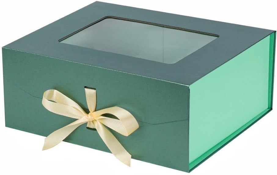 Large Green Gift Box for Presents with Ribbon 13.2x11x5.3 Inches Clear Gift Box with Window Magnetic Closure Gift Boxes with Lids