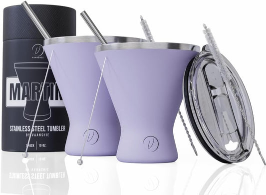 Stainless Steel Martini Glass [Pack of 2] – 10oz, Lilac, Powder Coated, No Sweat, Double Wall Margarita Cup with Lid | Ideal for Mother's Day Gift