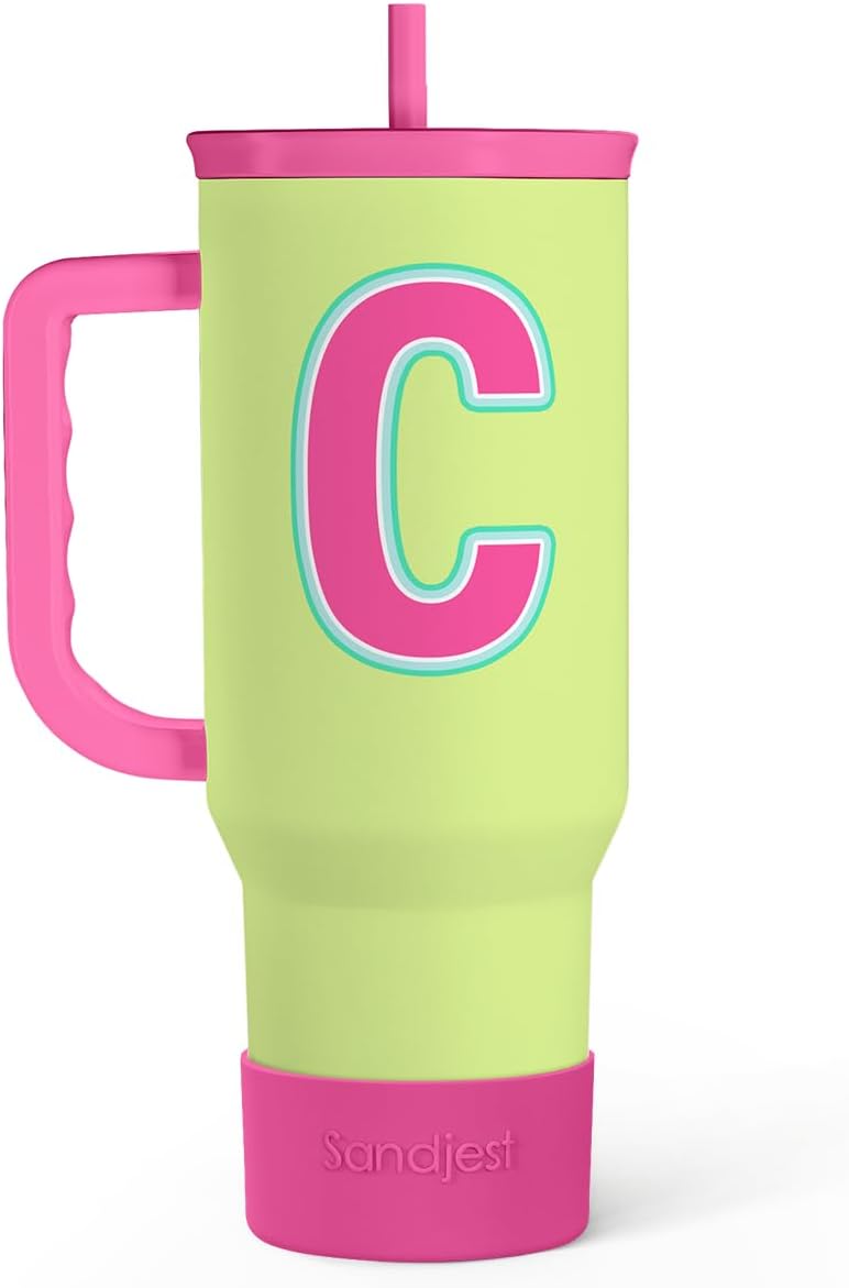 SANDJEST Monogrammed Tumbler with Handle 40oz, Letter C Tumblers Coffee Travel Cup with Straw, Personalized Monogram Initial Gifts for Women Girls, Customized Gifts for Christmas Birthday Mothers Day