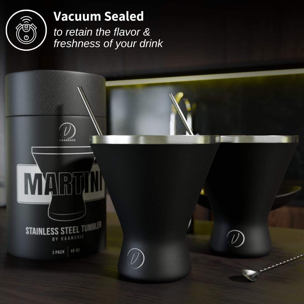 Stainless Steel Martini Glass [Pack of 2] – 10oz Black, Powder Coated, No Sweat, Double Wall Margarita Tumbler for Cocktails and Cold Drinks | Perfect for Mother's Day Gift