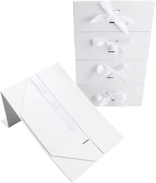 White Gift Boxes 10.2x6.7x4.3 Inches with Ribbon Foldable Boxes Set of 5 Glossy Finish Magnetic Gift Boxes for Luxury Presentations and Groomsmen Proposal