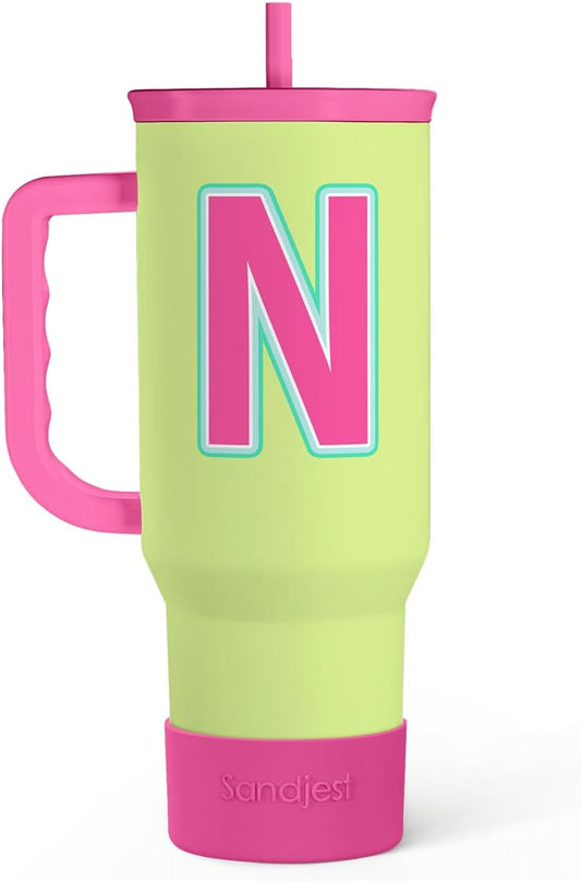 SANDJEST Monogrammed Tumbler with Handle 40oz, Letter N Tumblers Coffee Travel Cup with Straw, Personalized Monogram Initial Gifts for Women Girls, Customized Gifts for Christmas Birthday Mothers Day