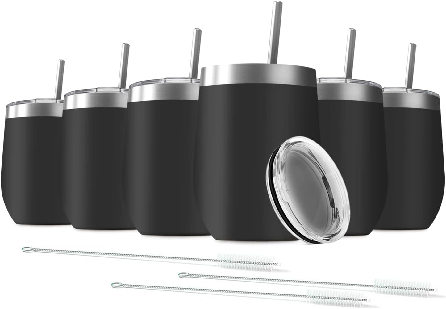 6 Pack 12 oz Stainless Steel Stemless Wine Tumbler with Lids, Double Wall Vacuum Insulated Travel Cup Including 6 Straws set,for Coffee, Cocktail, Drink, Tea and Beer (Black)