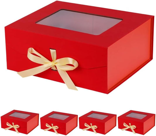 5 Pcs Red Gift Box for Presents with Ribbon 13.2x11x5.3 Inches Clear Gift Box with Window Magnetic Closure Gift Boxes with Lids