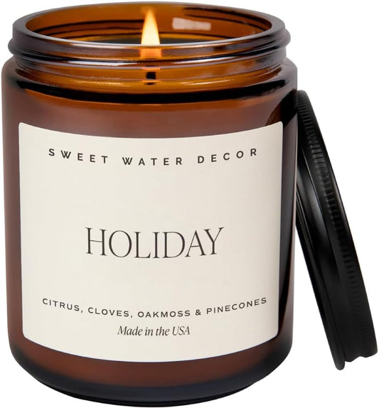Sweet Water Decor Holiday Candle | Cloves, Pine, and Sandalwood Festive Christmas Scented Soy Candles for Home | 9oz Amber Jar, 40 Hour Burn Time, Made in The USA