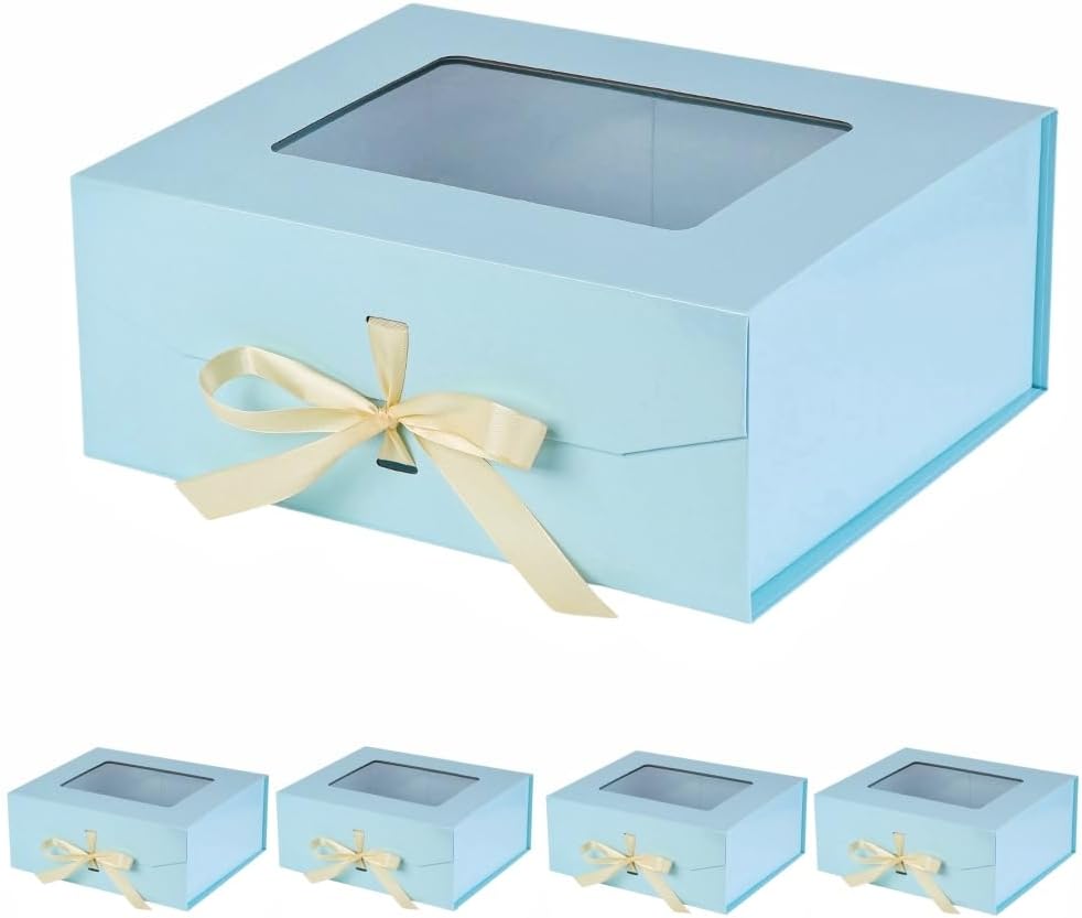 5 Pcs Blue Gift Box for Presents with Ribbon 13.2x11x5.3 Inches Clear Gift Box with Window Magnetic Closure Gift Boxes with Lids
