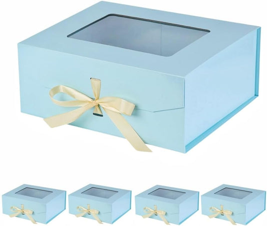5 Pcs Blue Gift Box for Presents with Ribbon 13.2x11x5.3 Inches Clear Gift Box with Window Magnetic Closure Gift Boxes with Lids