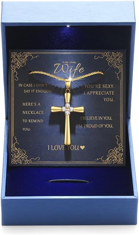 Gold Moissanite Cross Necklace for Women Wife in Light-Up Gift Box - Christian Chain Jewelry with Love Card, Her Shinning Anniversary Birthday Gifts for Wife Girlfriend, Womens Cross Jewelry (18K Gold Plated)