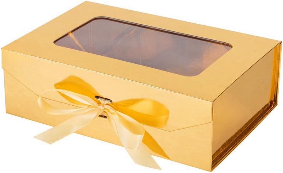 Gold Gift Box for Presents with Ribbon 10.8x7.5x3.5 Inches Clear Gift Box with Window Magnetic Closure Gift Boxes with Lids