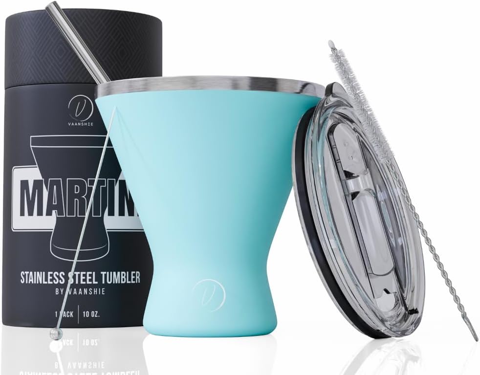 Stainless Steel Martini Glass [Pack of 1] – 10oz, Blue, Powder Coated, No Sweat, Double Wall Margarita Cup with Lid | Ideal for Mother's Day Gift