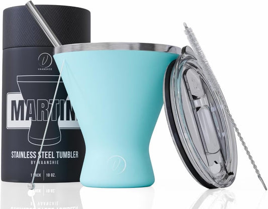 Stainless Steel Martini Glass [Pack of 1] – 10oz, Blue, Powder Coated, No Sweat, Double Wall Margarita Cup with Lid | Ideal for Mother's Day Gift
