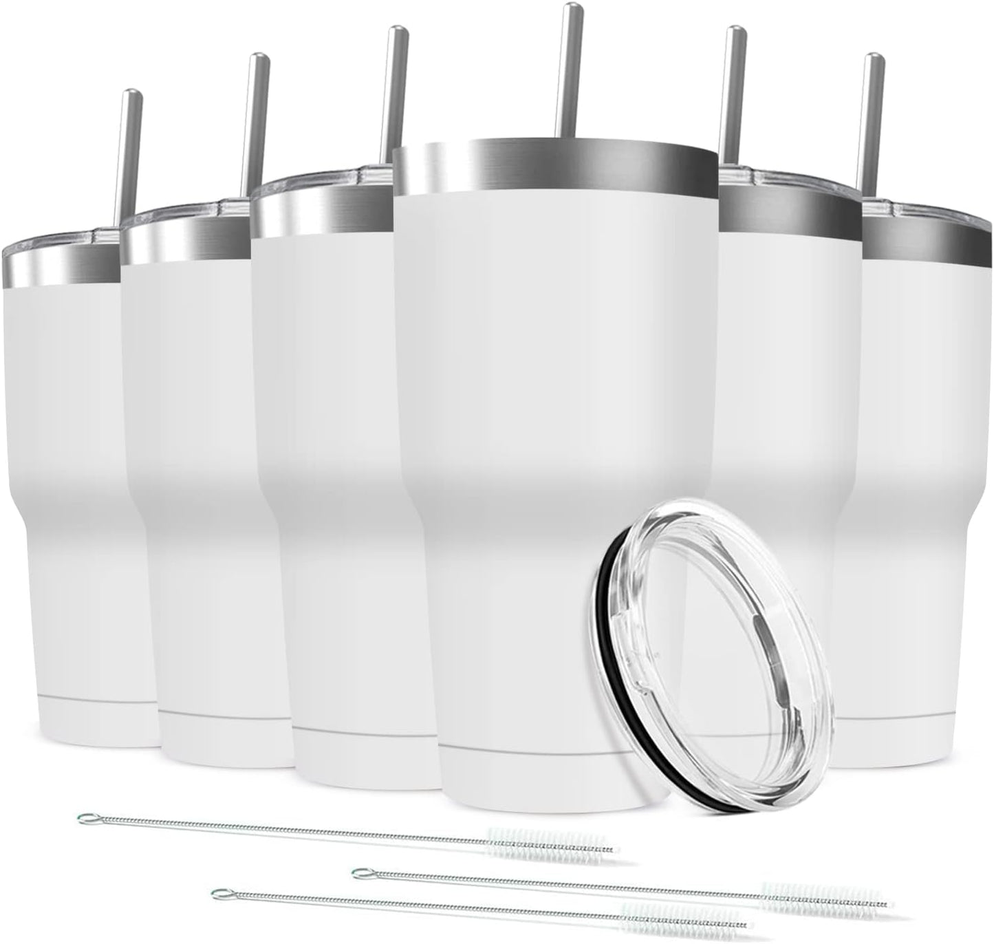 30oz Stainless Steel Travel Mug with Lid, 6 Pack Double Wall Vacuum Insulated Bulk Tumbler with 6 Straws, Powder Coated Coffee Cup Suitable for Vehicle Cup Holders(White)