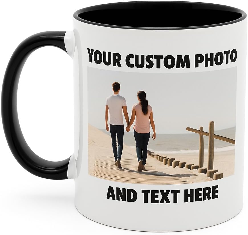 Personalized Coffee Mug | Custom Photo, Text, or Logo Cup (11oz, Black Rim, Inner, and Handle) |Dishwasher & Microwave Safe |Unique Gift for Men & Women –Taza Personalizada
