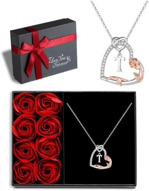 Iefil Rose Heart Necklaces Gifts for Women - 925 Sterling Silver Heart Initial Necklaces, Anniversary Birthday Gifts, Women Jewelry Gift for Wife Girlfriend Mom Daughter Her