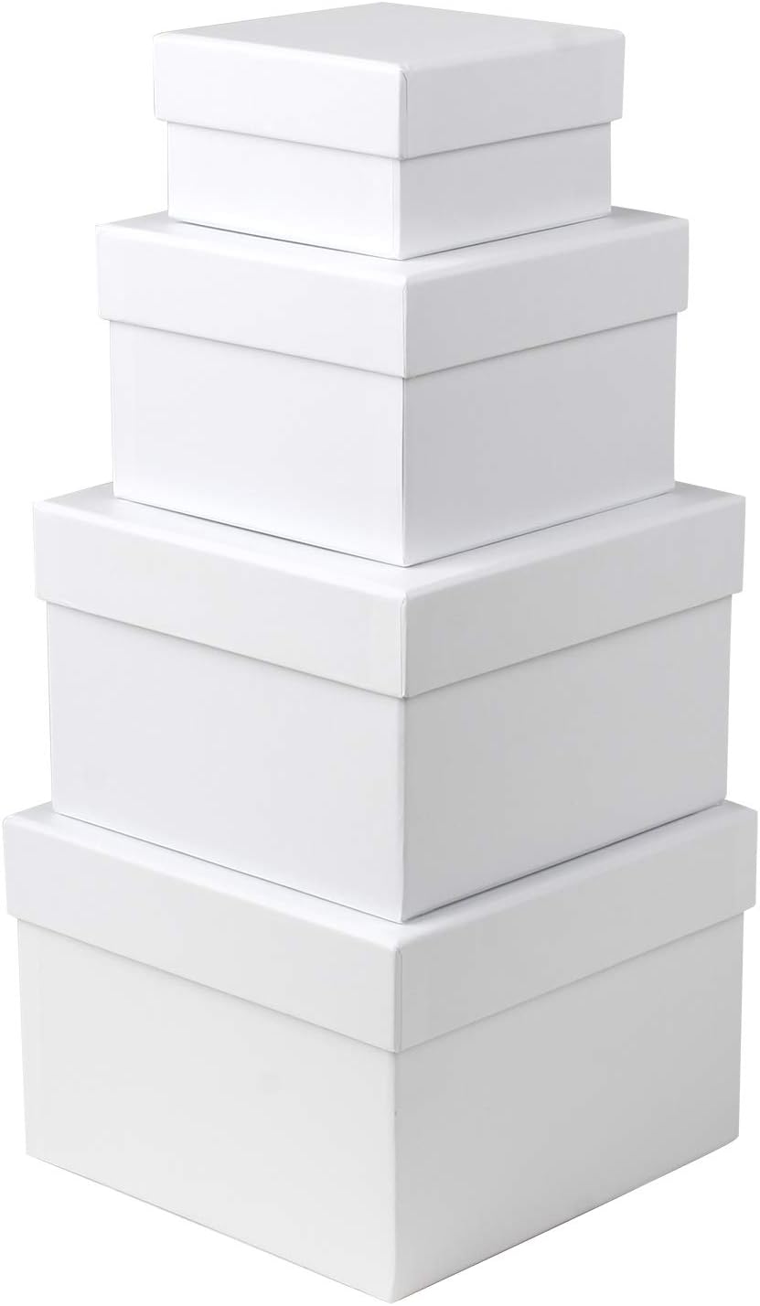 Square Gift Boxes with Lids Set of 4 White Gift Box Assorted Sizes Nesting Gift Boxes for Presents Birthday Bridesmaid Wedding Valentines Christmas Party Favor Boxes