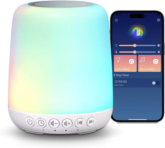 White Noise Sound Machine for Sleep Portable Sound Machine with 30 Soothing Sounds 12 Night Light Colors 4 Timer Sleep Machine for Baby Adults, Smart App Control, Touch Control