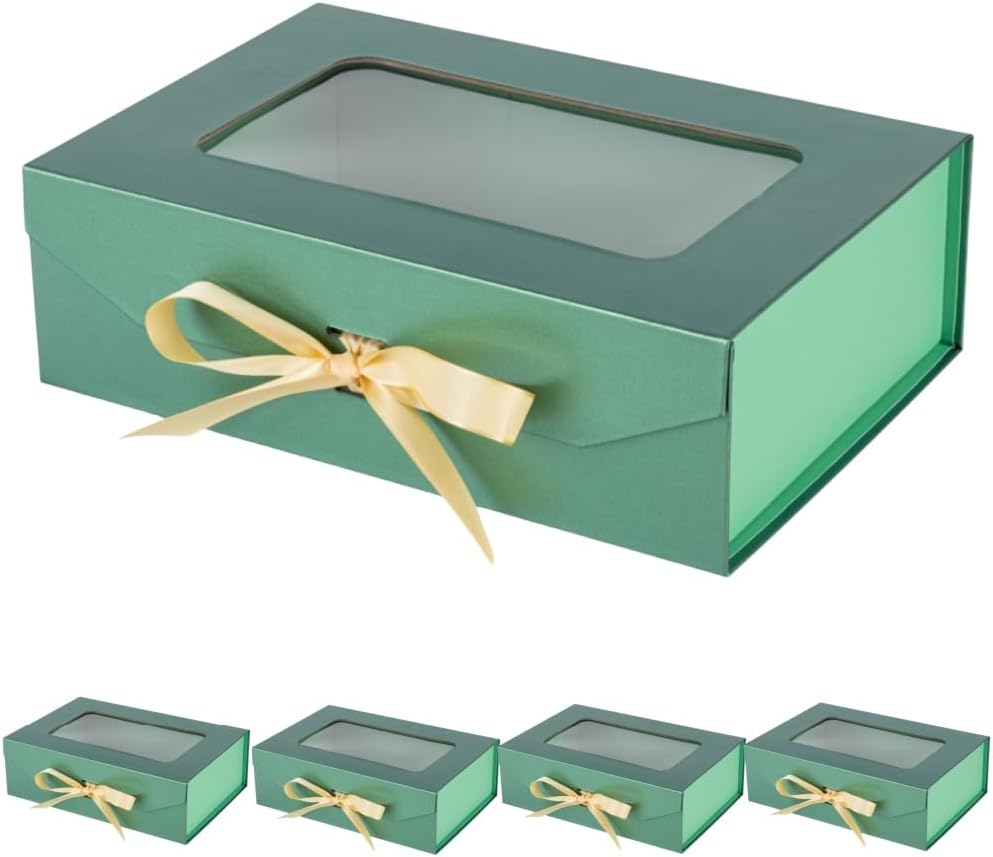 5 Pcs Green Gift Box for Presents with Ribbon 10.8x7.5x3.5 Inches Clear Gift Box with Window Magnetic Closure Gift Boxes with Lids