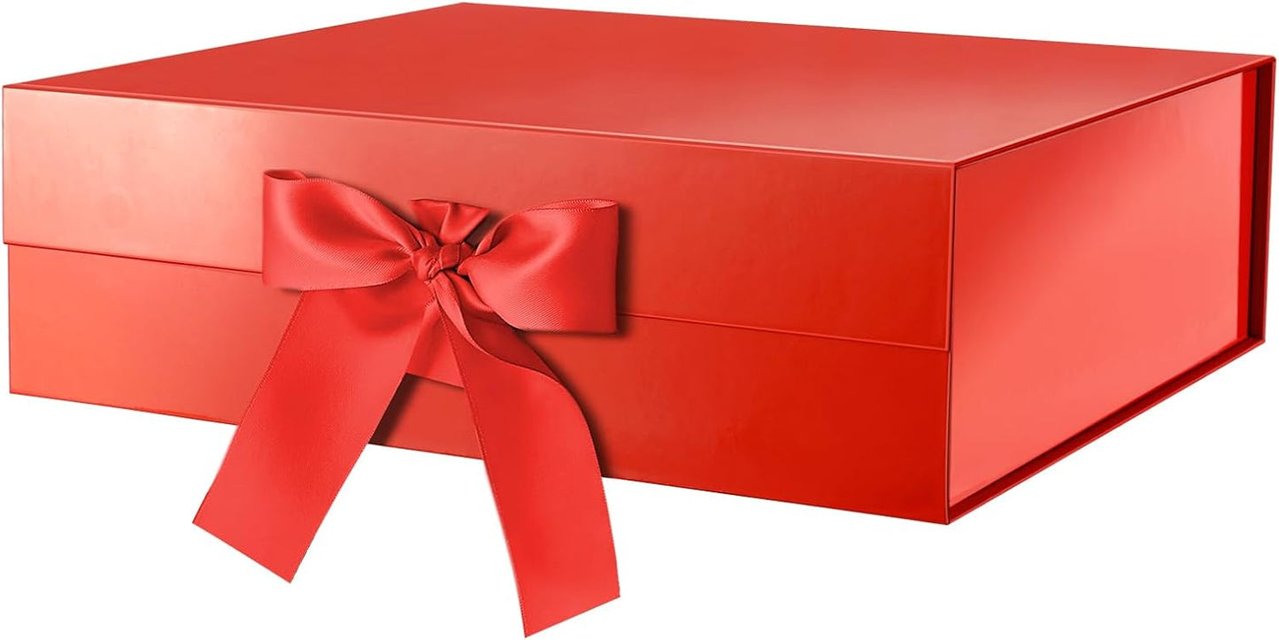 GREEN BEAN Extra Large Gift Box with Lid for Present 16.3x14.2x5 Inches, Red Magnetic Gift Box with Ribbon, Shirt Gift Boxes for Clothes (Glossy Red)