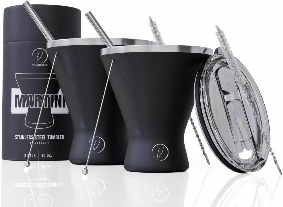 Stainless Steel Martini Glass [Pack of 2] – 10oz Black, Powder Coated, No Sweat, Double Wall Margarita Tumbler for Cocktails and Cold Drinks | Perfect for Mother's Day Gift
