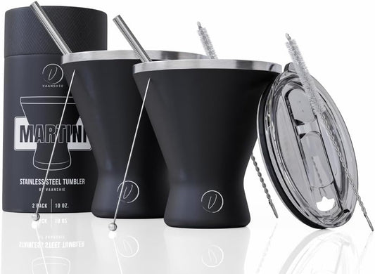 Stainless Steel Martini Glass [Pack of 2] – 10oz Black, Powder Coated, No Sweat, Double Wall Margarita Tumbler for Cocktails and Cold Drinks | Perfect for Mother's Day Gift