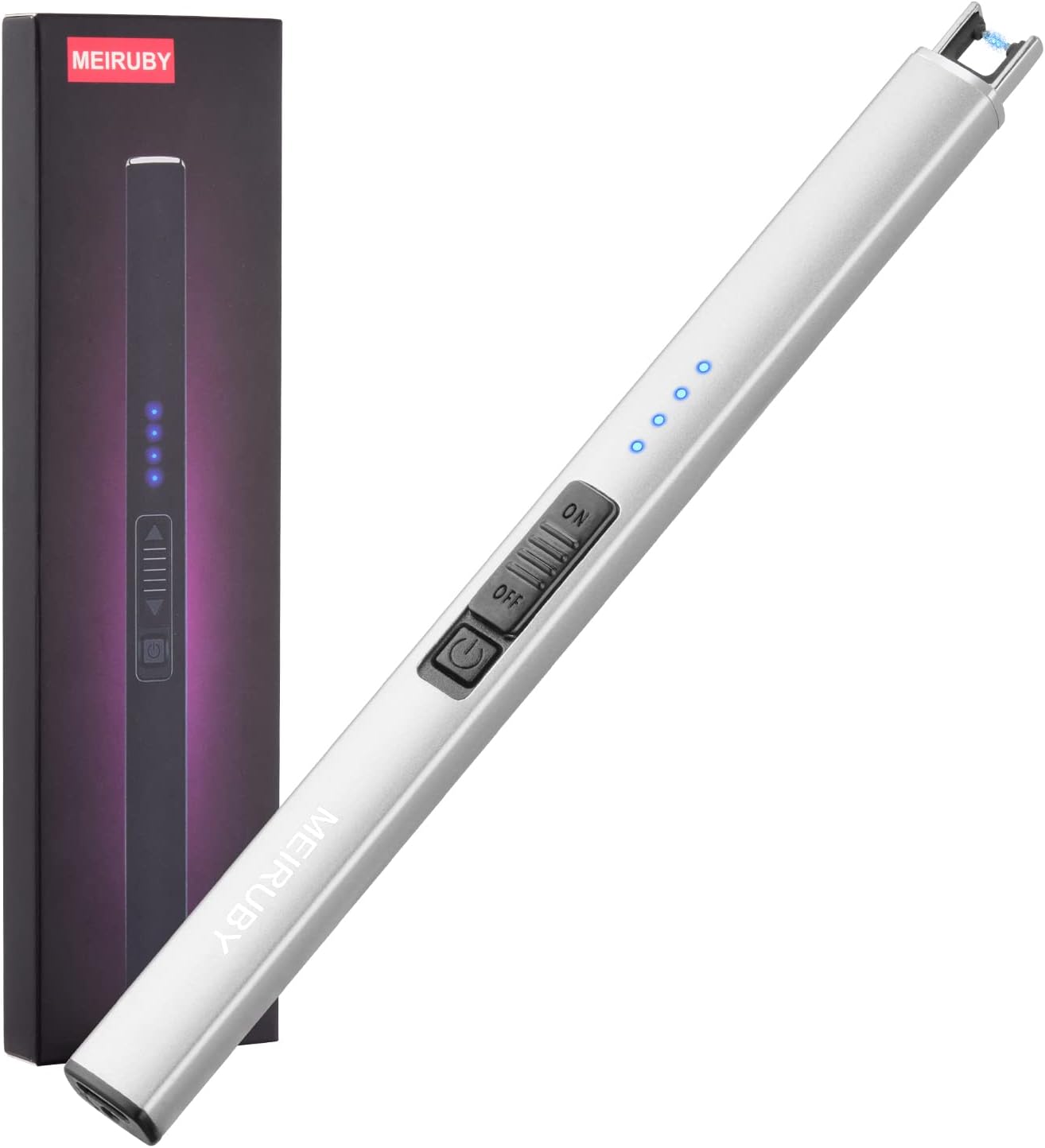 Lighter Electric Candle Lighter Long Electronic Rechargeable USB Arc Windproof Flameless Lighters for Candle Camping BBQ Birthday Women's Day Gifts for Women Mom Wife Men, Silver