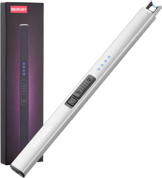 Lighter Electric Candle Lighter Long Electronic Rechargeable USB Arc Windproof Flameless Lighters for Candle Camping BBQ Birthday Women's Day Gifts for Women Mom Wife Men, Silver