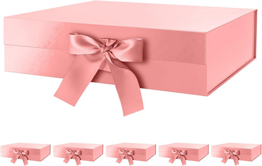 GREEN BEAN 6 Large Gift Boxes with Lids for Presents 13x9.7x3.4 Inches, Rose Gold Magnetic Gift Boxes with Ribbon, Bridesmaid Proposal Boxes, Luxury Gift Boxes (Glossy Rose Gold)