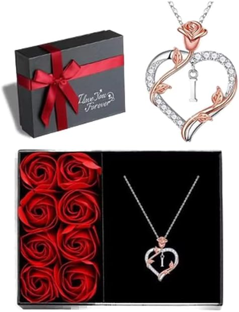 Iefil Rose Heart Necklaces Gifts for Women - 925 Sterling Silver Heart Initial Necklace, Anniversary Birthday Gifts for Women, Jewelry Gift for Wife Wife Girlfriend Mom