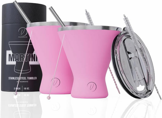 Stainless Steel Martini Glass [Pack of 2] – 10oz, Pink, Powder Coated, No Sweat, Double Wall Margarita Cup with Lid | Ideal for Mother's Day Gift