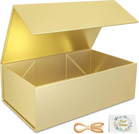 Gold Gift Box, 9.5x6x3'' Gift boxes for Presents with Lids Magnetic Closure Rectangle Collapsible for Bridesmaid Proposal Box, Wedding, Christmas, Halloween, Birthday Gift Packging