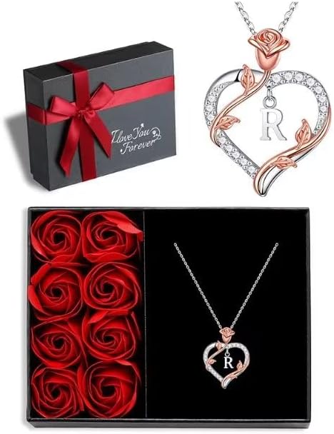 Iefil Rose Heart Necklaces Gifts for Women - 925 Sterling Silver Heart Initial Necklace, Anniversary Birthday Gifts for Women, Jewelry Gift for Wife Wife Girlfriend Mom